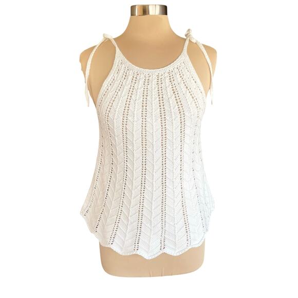 Blu Pepper White Crochet Top Tie Shoulder Scallop Hem LRG Cottage Boho Beachy - Picture 1 of 8